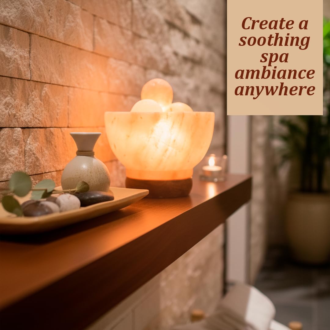 POHS Himalayan Pink Salt Fire Bowl Lamp with 5 Massage Balls, dimmable Switch Electrical Cord, with Replaceable Bulbs, Premium Wood Base.