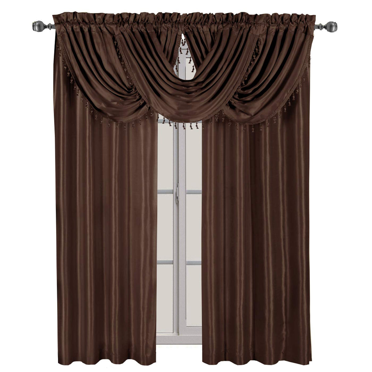 sheetsnthings Soho Rod Pocket 5pc Window Treatment Set, 2-Panels (108-Inch Long) and 3-Waterfall Valances, Chocolate