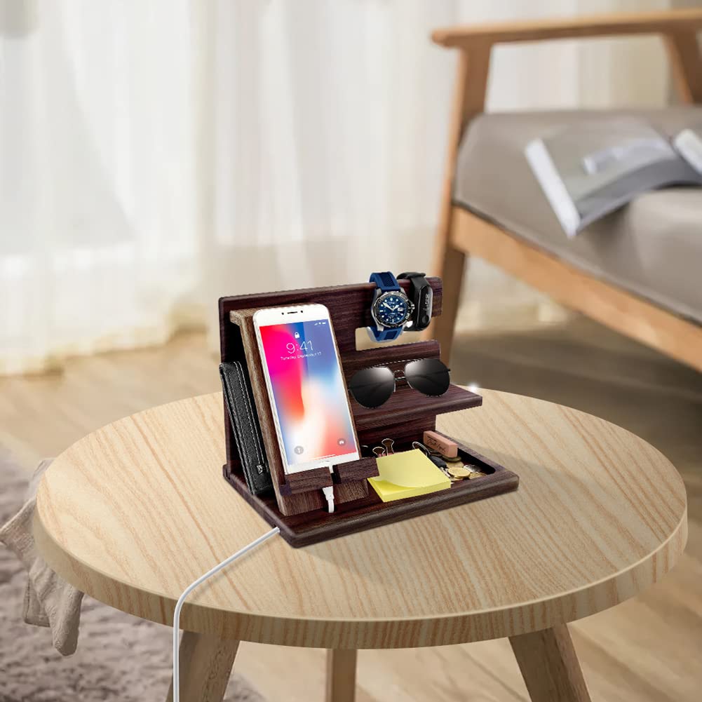 Gifts for Men Christmas, Wood Phone Docking Station, Mens Gifts for Birthday or Gifts for Dad Fathers Day, Desk Workspace Organizer Nightstand Organizer Key for Wallet & Watch Holder Husband Christmas