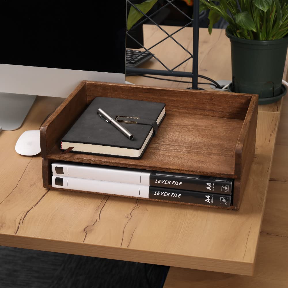 DDYURI Desktop File Trays Stackable Paper Tray for Letter/A4 Size Magazine - Wood Office Document Organizer Shelf - Wooden Folder Organization Rack Desk Tray Pack of 2 Dark(2CTP-DK)