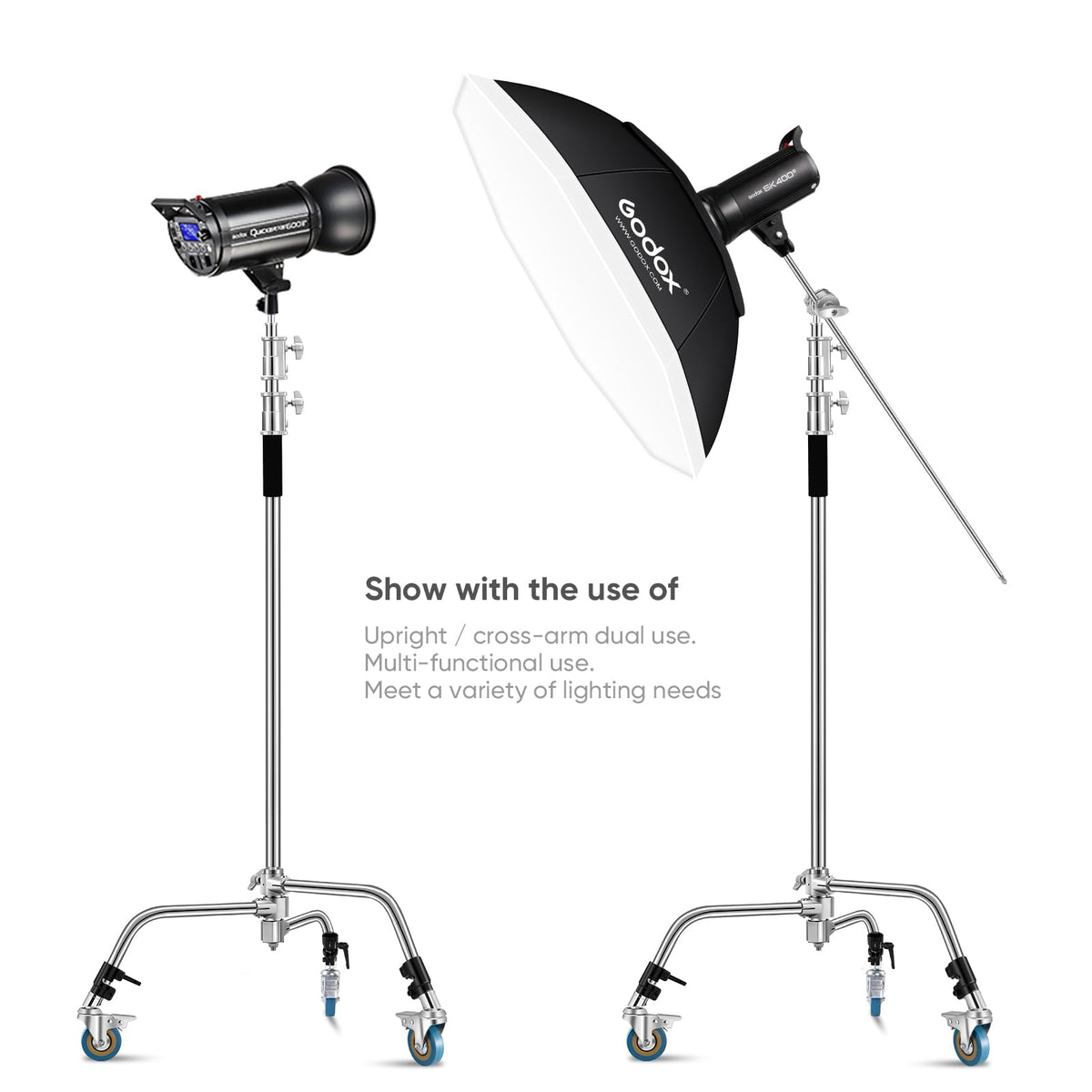 Heavy Duty C Stand 11.3ft/345cm Light Stand with 4.2ft/128cm Boom Arm Wheels Sturdy Stainless Steel Century Stand for Photography Studio Video Reflector, Umbrella, Softbox and Monolight