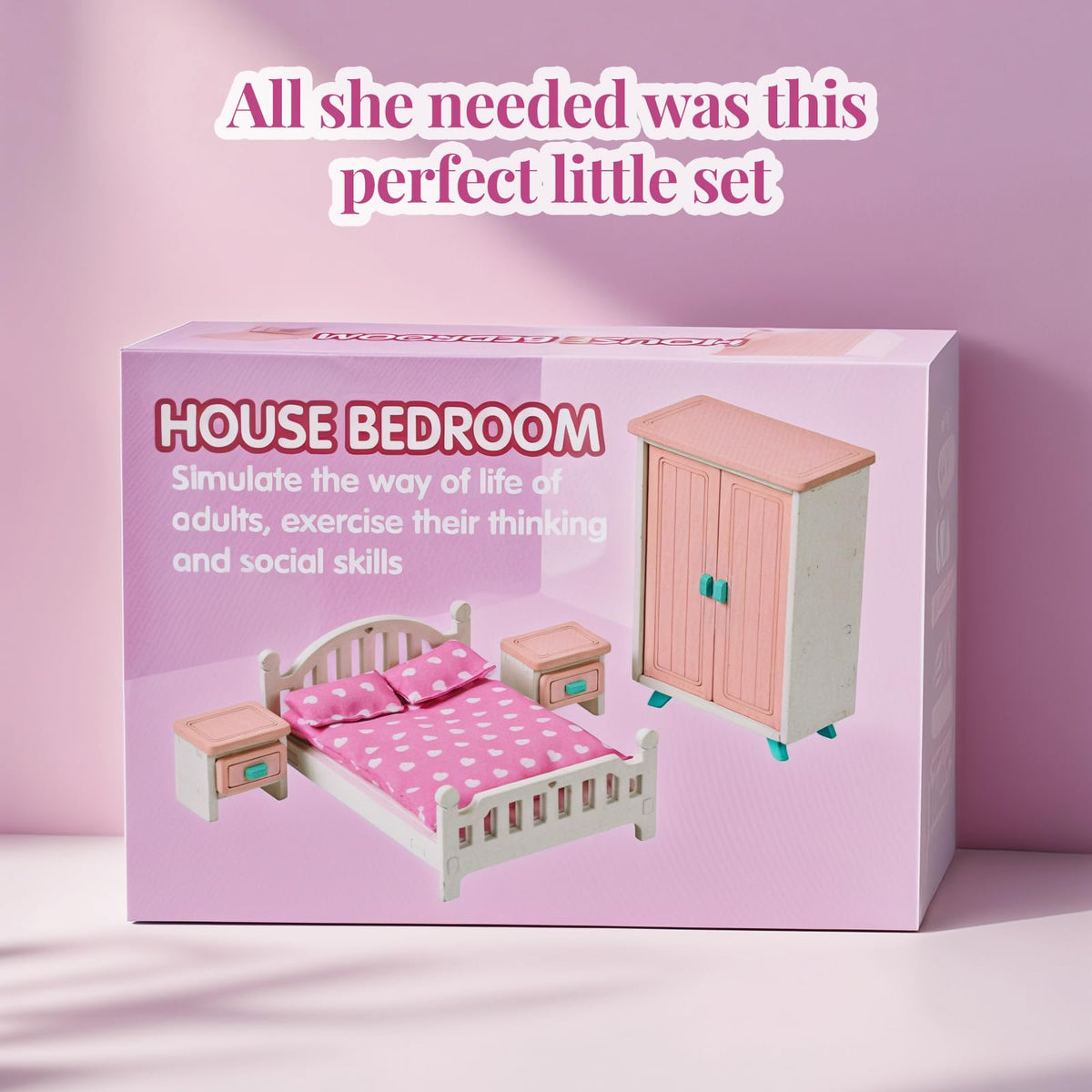 BABESIDE Mini Dollhouse Bedroom Furniture Set,7 PCS Pink Wooden Doll House Accessories for 3 Inch Dolls with Bed, Nightstands, Wardrobe, Pillows & Mattress – Gift for Girls, Kids Miniature Room Toy