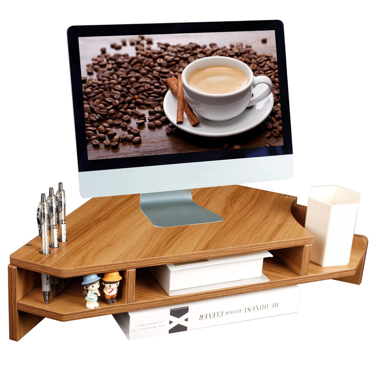 KUAIYU Triangle Monitor Stand Riser, Wooden Triangle Desktop Computer Stand with Office Organization, Walnut Color