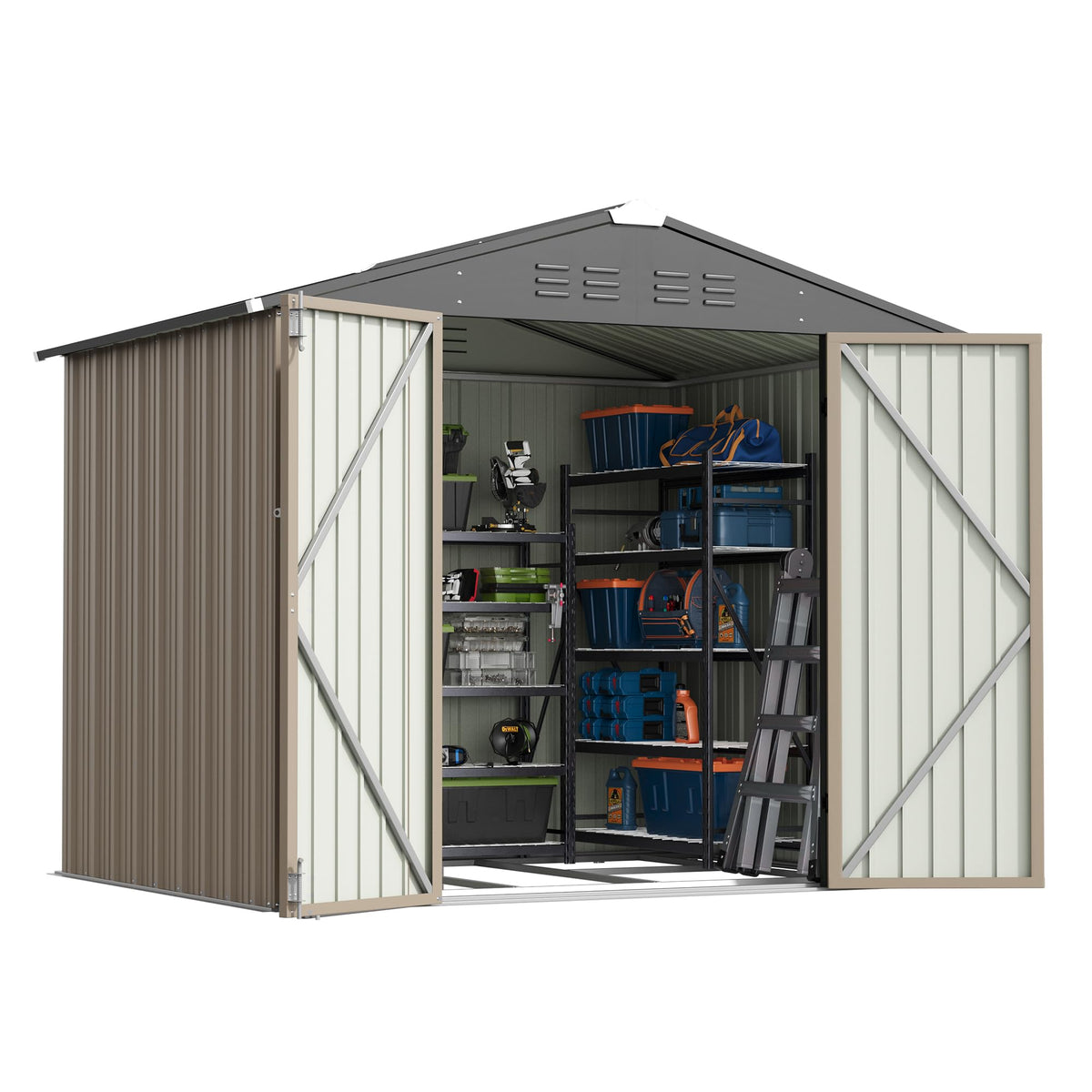 Patiowell 8x6 FT Outdoor Storage Shed with Floor Frame, Metal Garden Patio Sheds with Sloping Roof and Lockable Door, Waterproof Steel Tool Shed for Backyard Garden Lawn, Brown