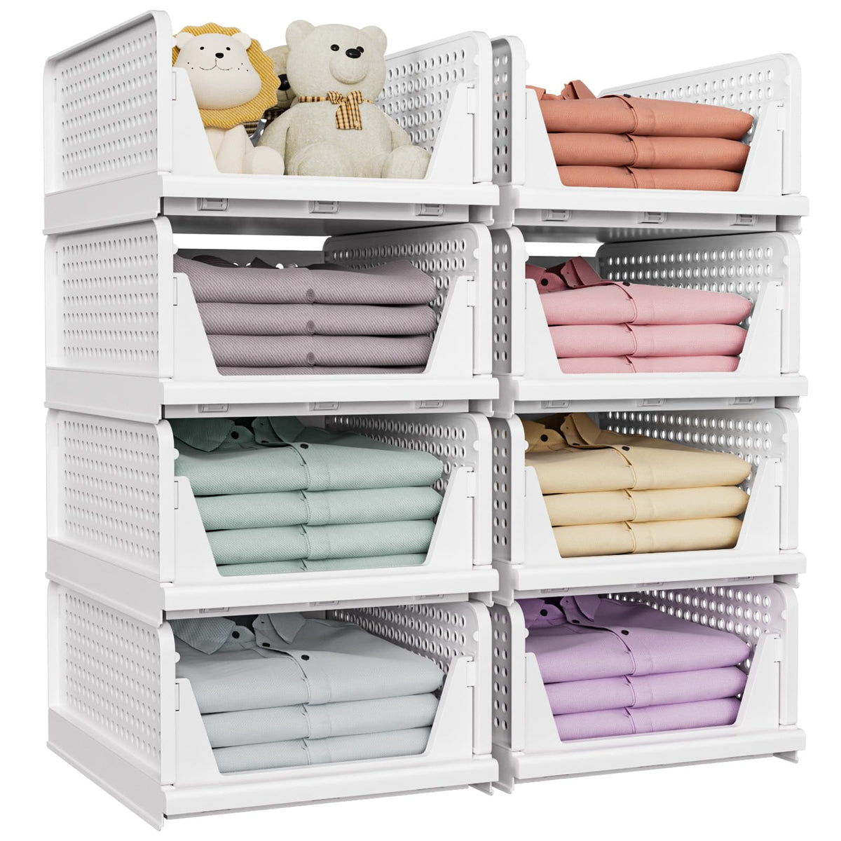 SNSLXH 5 Pack Stackable Closet Storage Basket, Multifunctional & Foldable Closet Organizer for Bathroom Kitchen Laundry Room Wardrobe Storage, Space-Saving Clothes Storage Drawer Organizer, White