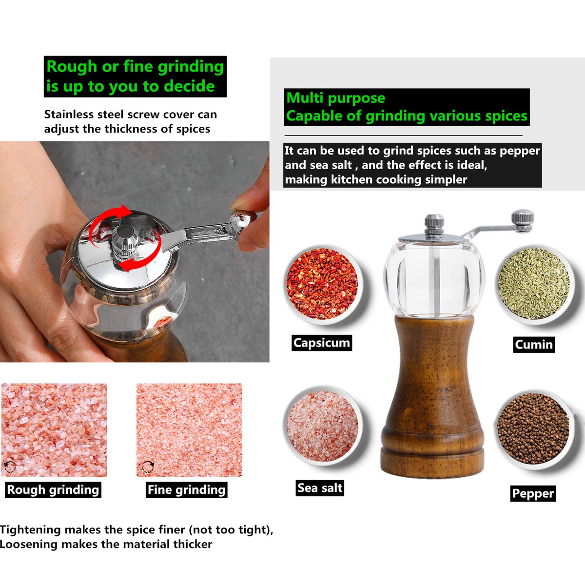 VEIZIBEE Pepper Grinder, Classical Roast Black Manual Pepper Grinder Set, Hand Shake Sea Salt Mill, Retro Style Wood, Acrylic,Ceramic Blades, Enjoy Fresh Pepper Spices (Walnut color 2pcs-6in)
