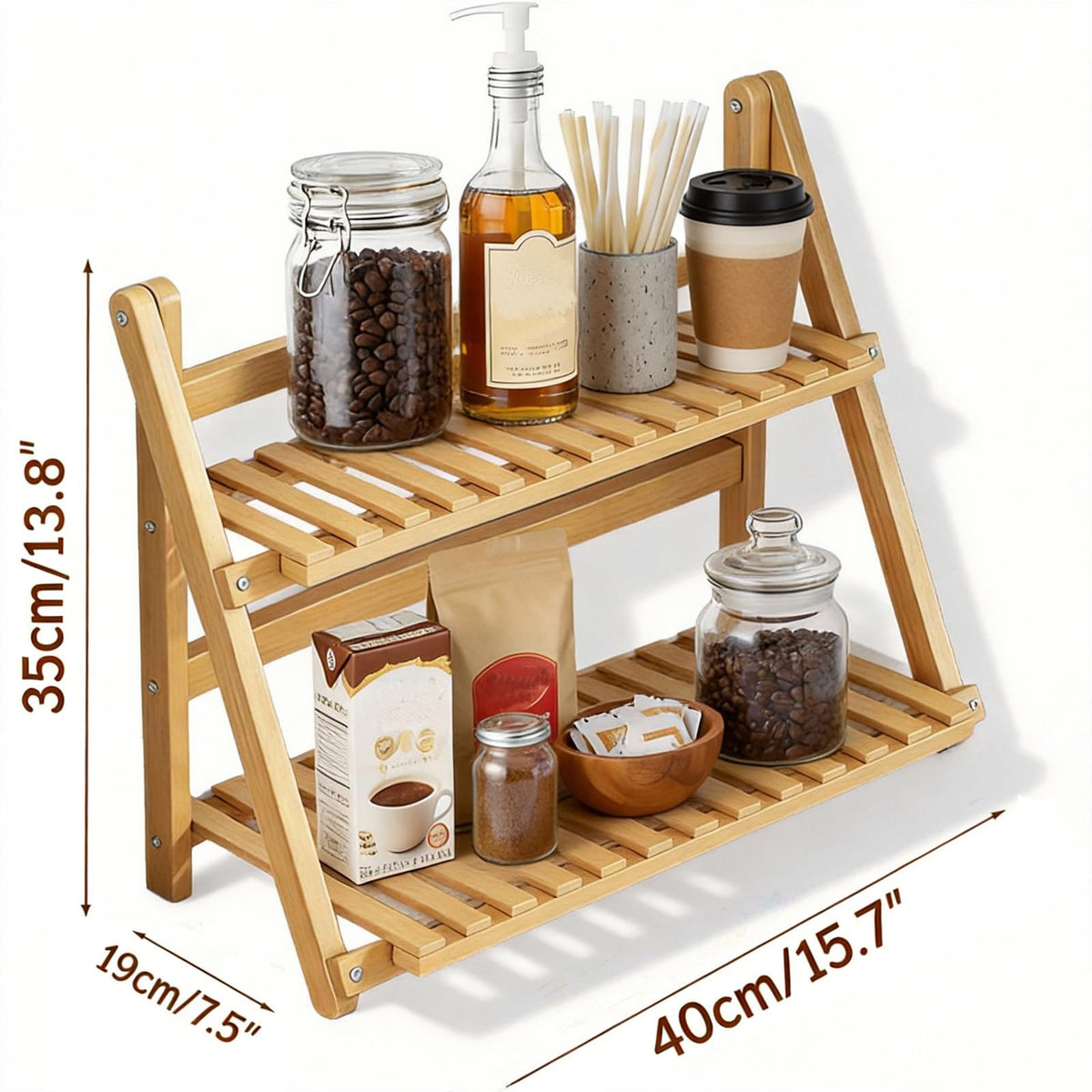 Winmist Glimpse Wooden Matcha Station Shelf, 2 Tier Natural Finish Bamboo Countertop Organizer, 15.7x13.8x7.5 Inch Coffee Bar Display Stand for Mugs, Condiments, Tea & Kitchen Accessories