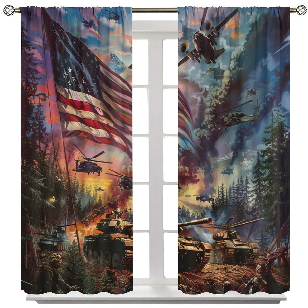 TOWINSFB Military War Theme Blackout Curtains, USA Tank Plane American Soldier Home Decor Rod Pocket Window Drapes for Living Room Bedroom - 42" W x 45" L