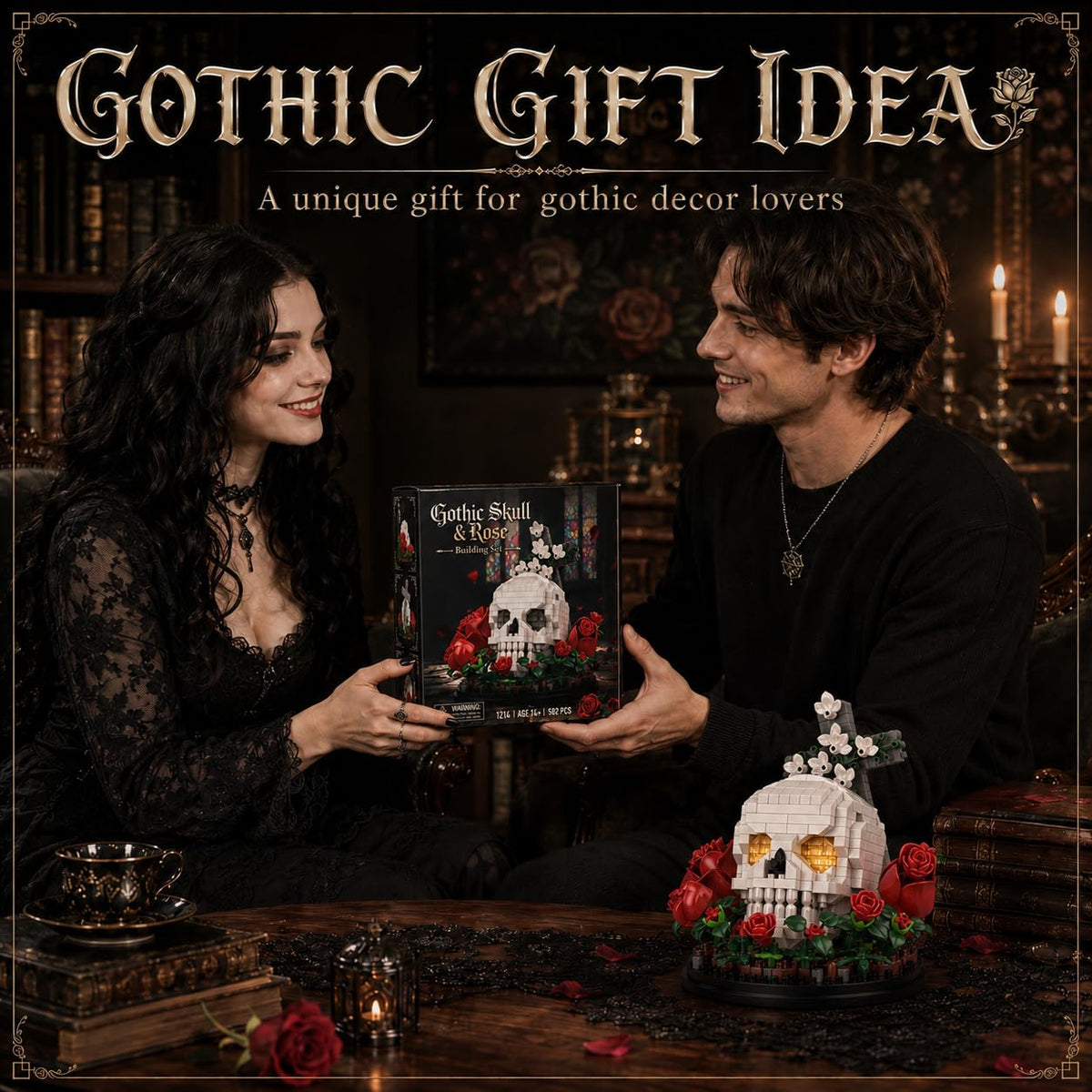Vziimo Skull & Flowers Building Set, Gothic Skull Roses Micro Building Blocks Decor Model Kit with Cross, Horror Gifts for Adults, Teens Age 14+, Gothic Art Fans (582 PCS)