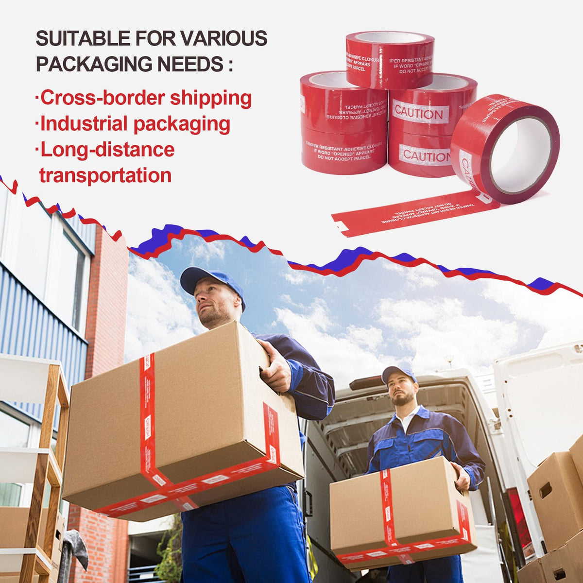 JKMCIM 1 Roll 100% Total Transfer Tamper Evident Tape Security Tape Packaging Tape for Boxes(2 Inch X 55 Yards X 2 Mil,Red)