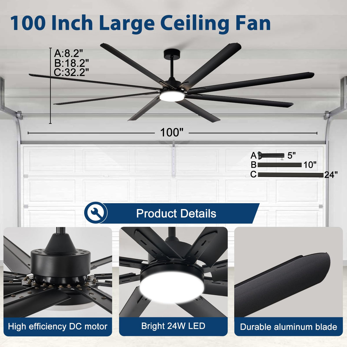 BvenuBigLite Large Ceiling Fan with Light: 100 Inch Outdoor Fan - Industrial Ceiling Fan with Remote for Shop Garage Patio Black