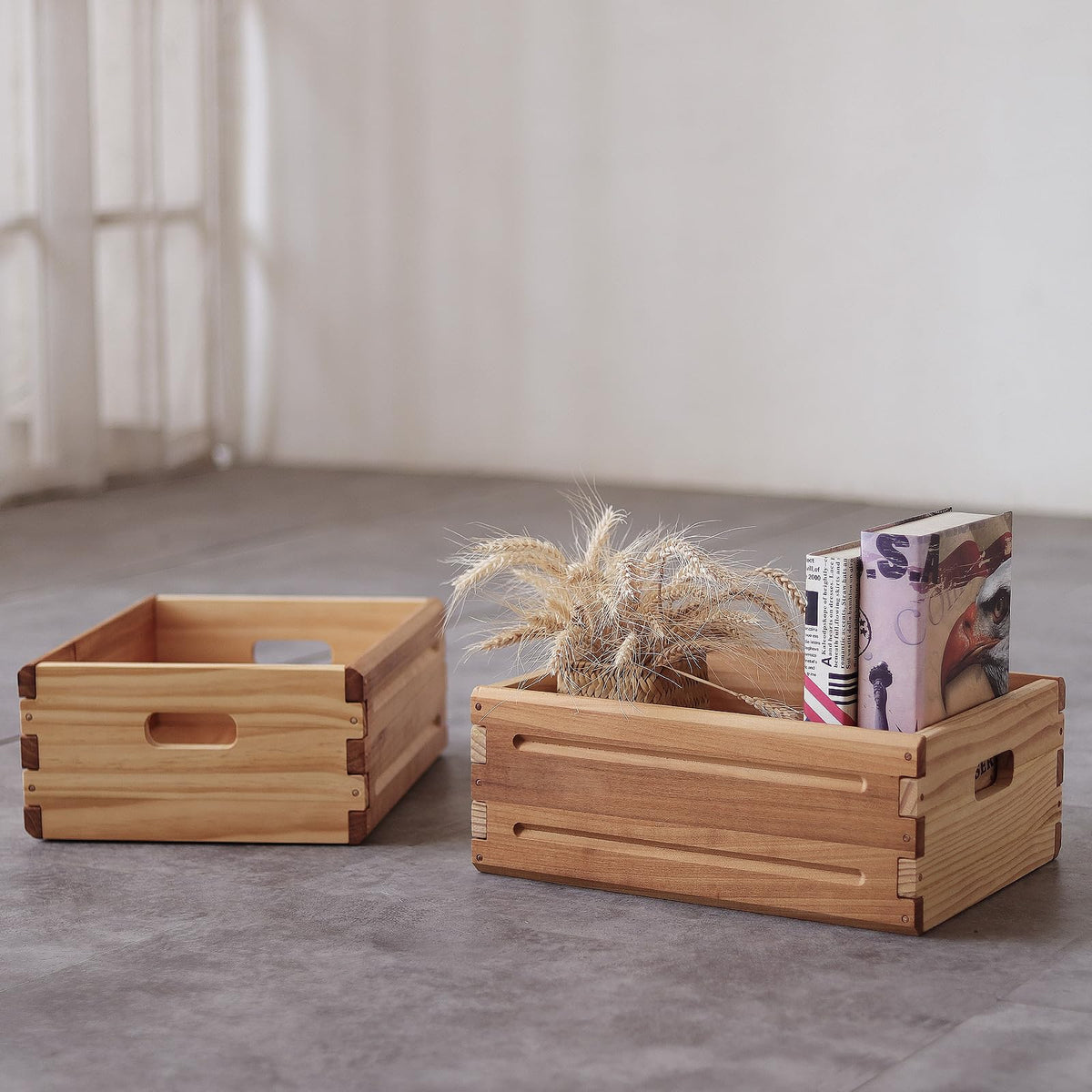 KLZLQ-XINCHEN 2 Pack Wooden Storage Bins of 16"x12"x6.25".Durable Open Solid Wood Box w/ Handles.Farmhouse Container Shelf Baskets. Multipurpose Home Décor Organizer Crates for Display,Pantry,Book,CD