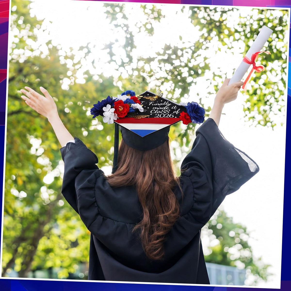 FineCheer 46 Pcs DIY Graduation Cap Decoration Kit Red White Blue Puerto Rico Flower 3D Butterfly Rhinestone Pearl Letter Sticker Glitter Paper for Dominican Republic 2026 Grad Hat Topper Party Decor