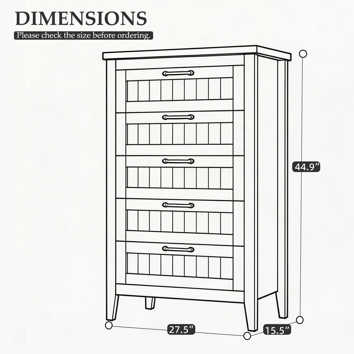 GarveeHome Farmhouse Tall 5 Drawer Dresser with Charging Station & LED Lights, Slim Wooden Bedroom Dresser, Rustic Chest of Drawers Clothes Storage Organizer for Closet Dorm Apartments, Black