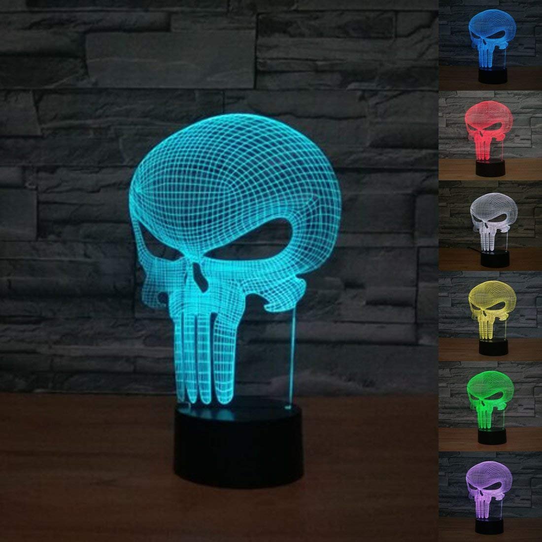 Punisher Skull 3D Night Light 7 Color Change LED Desk Lamp Touch Button Room Decor