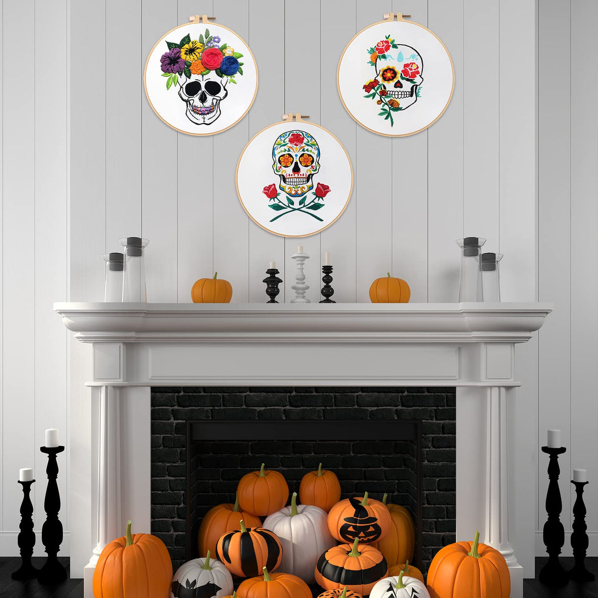 Nuberlic 3 Pack Halloween Skull Embroidery Kit for Adults Beginner Cross Stitch Kits for Starters with Skull Patterns Include 3 Hoop Cloth Thread Needles and Instructions