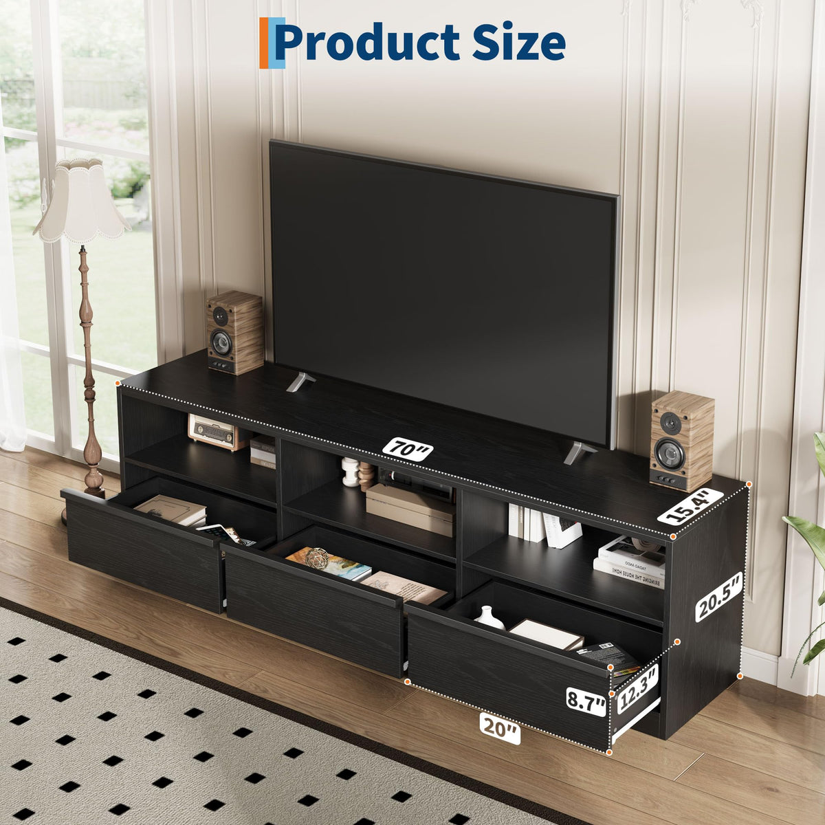 IDEALHOUSE 70" TV Stand for 75 80 Inch TV, Mid-Century Modern Entertainment Center with Storage Drawer & Open Shelves, Wood Media Console Table for Living Room & Bedroom, Black