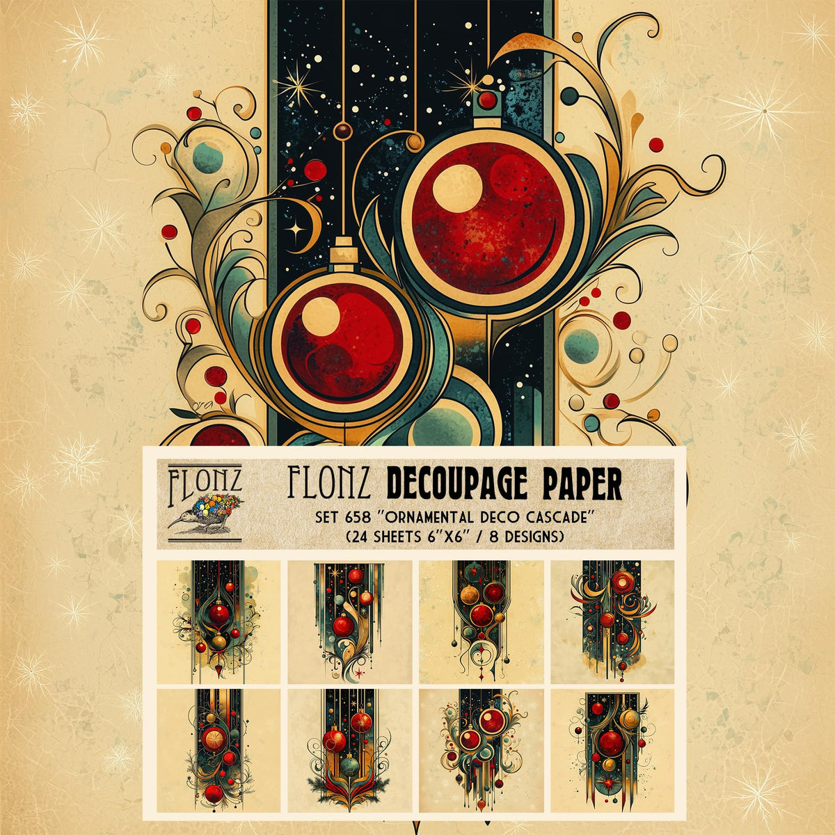 Decoupage Paper Pack (24 Sheets 6"x6") Ornamental Deco Cascade ~ Vertical compositions of Christmas Balls in Geometric Art Deco Style on Parchment-Toned Backgrounds with fine line Detailing