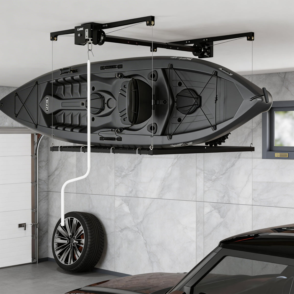 GarveeTech 4x4 ft Overhead Garage Storage Rack, Adjustable Heavy Duty Hanging Garage Ceiling Storage Rack System, 300 Lbs Weight Capacity