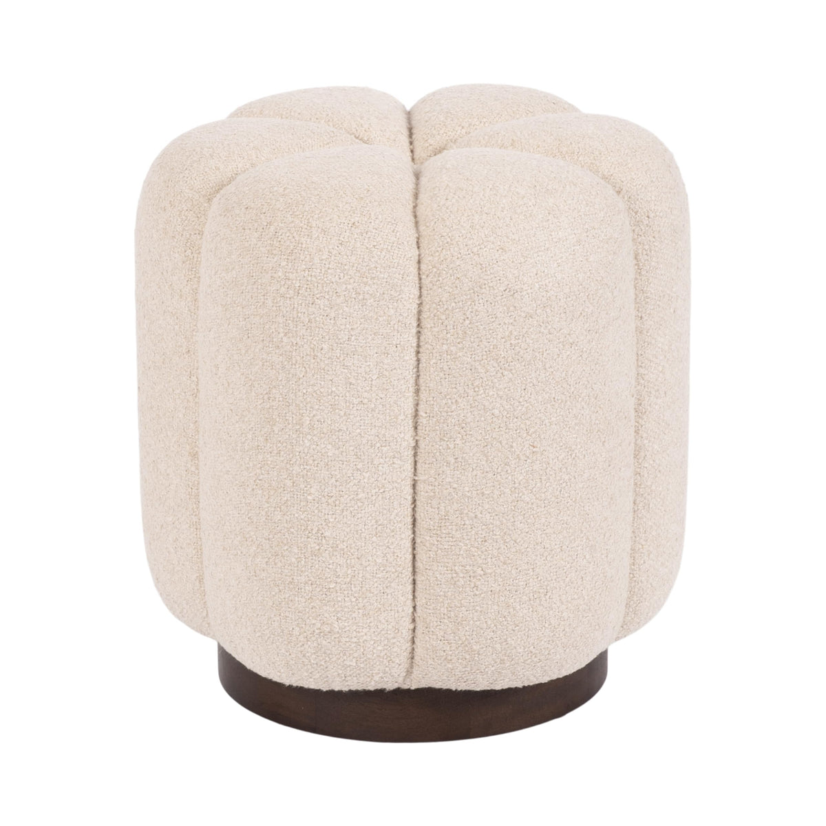 Kate and Laurel Lucida Round Upholstered Ottoman with Mango Wood Base, 16 x 16 x 18, Soft White and Dark Brown, Modern Scalloped Boucle Ottoman Foot Rest for Apartment or Living Room Decor