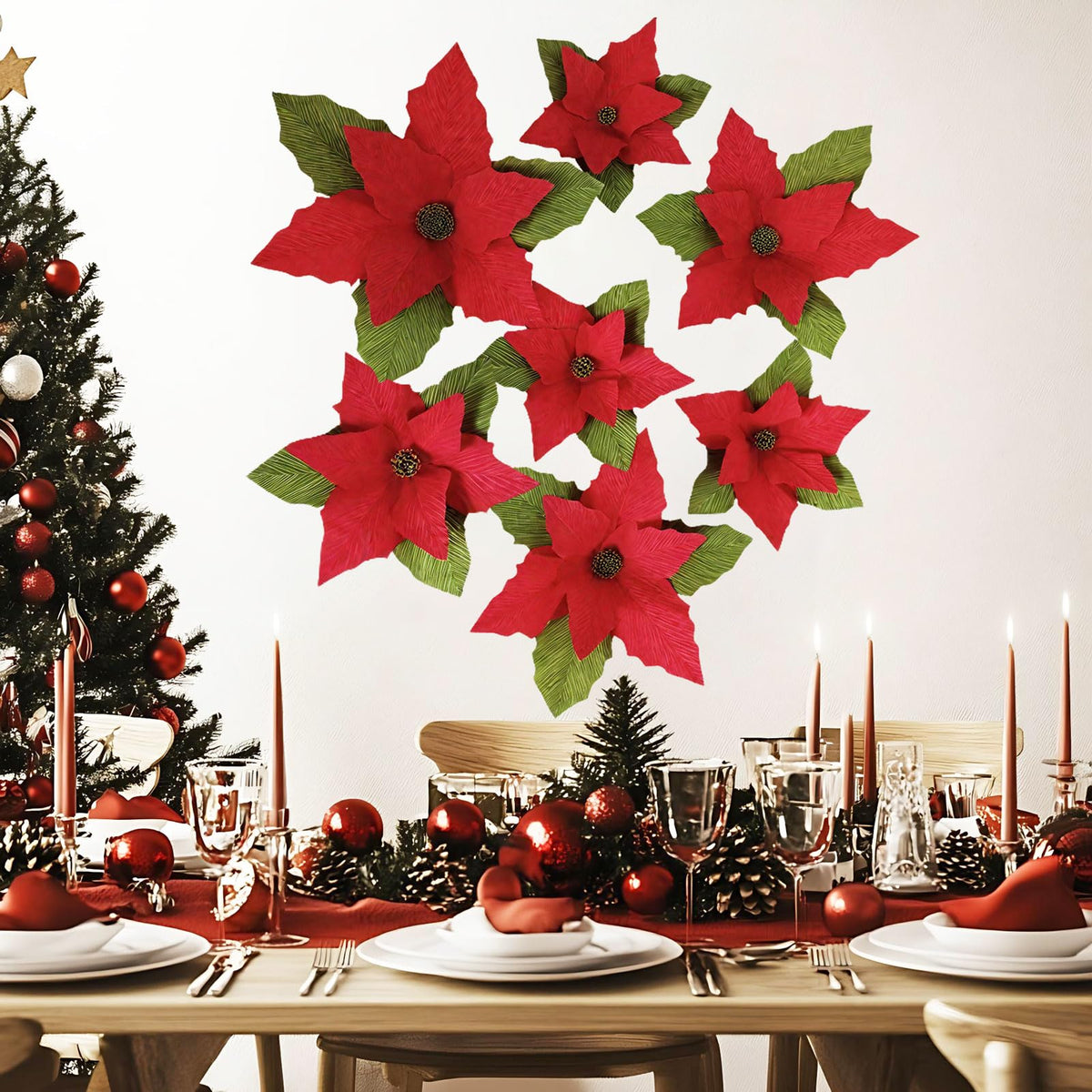Handmade Poinsettia Christmas Flowers Decoration, Crepe Paper Poinsettia Flower with Clips Christmas Tree Artificial Flower Decorations with Stems for DIY Xmas Wreath Holiday Party Home Wall Decor