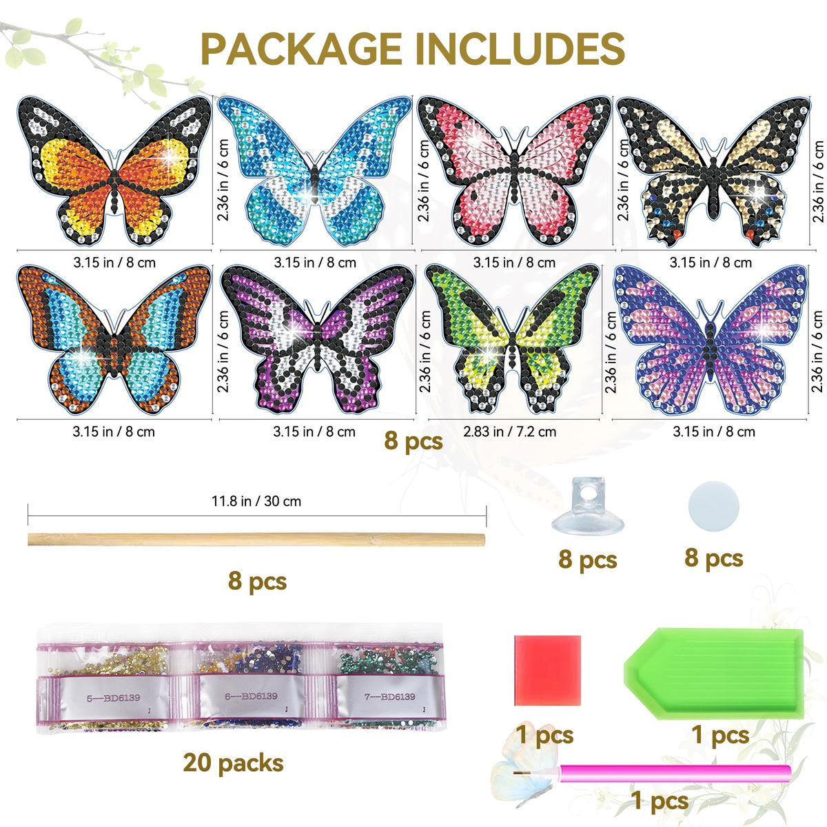 Vcekract 8 Pcs Butterfly Diamond Painting Kits, Diamond Art Kits for Garden Decor, Butterfly Stakes Diamond Art Kits for Adults, Crafts for Adults