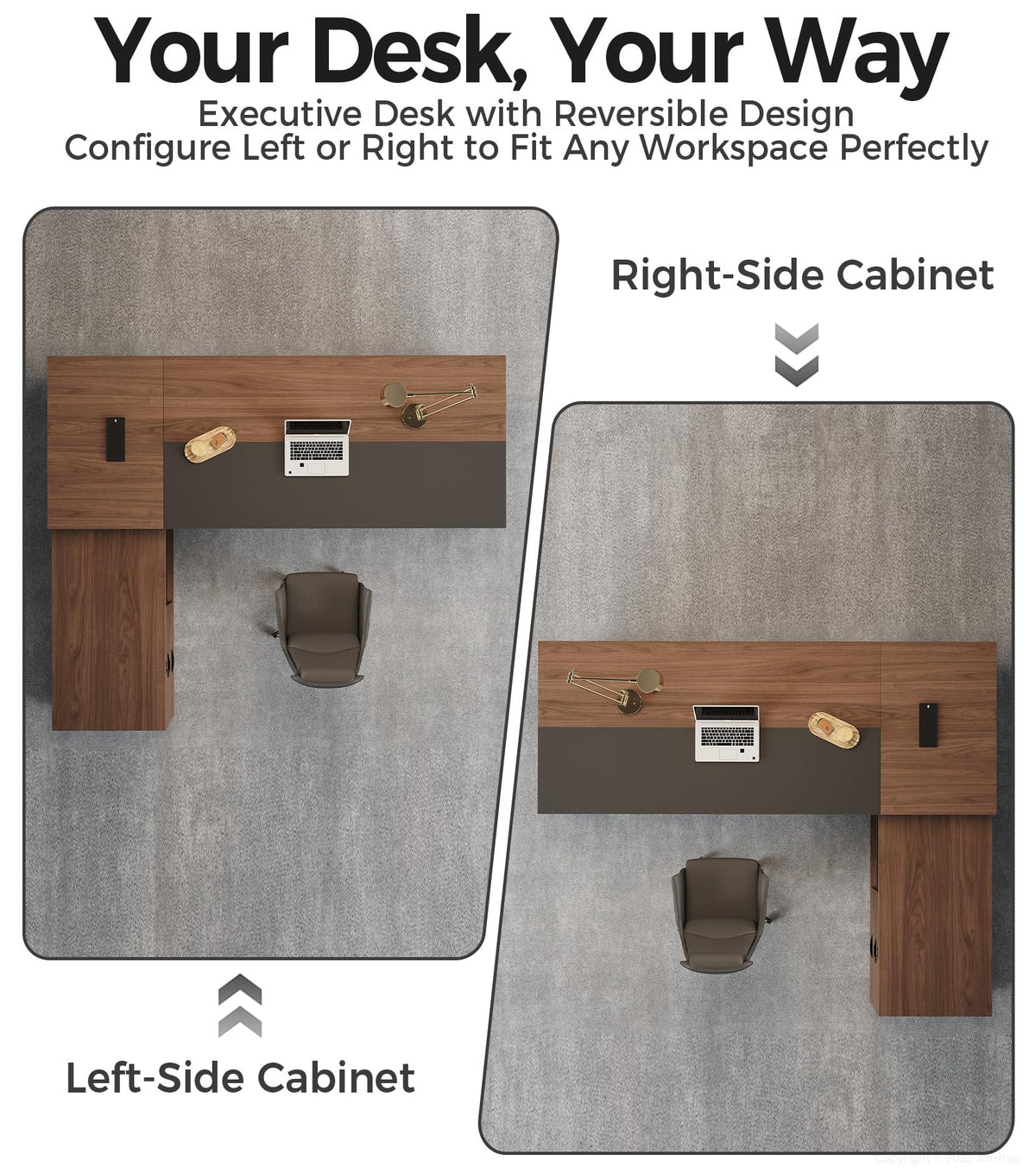 87" Reversible L-Shaped Executive Desk with Drawers โ Luxury Office Computer Desk with Open Shelves, LED Lighting, Built-in Outlet & USB Ports for Home Office, Corporate, School (87"W x 71"D x 30"H)