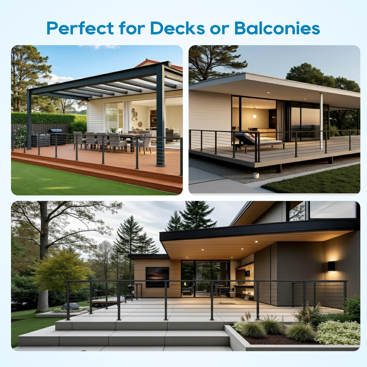 Level Drilled Cable Railing Post 36" (35"X2"x2"), Stainless Steel Black Square Deck Railing Post Flat Bracket, Pre-Drilled Level Holes Railing Post for Horizontal Cable System, Surface Mount Posts(4P)
