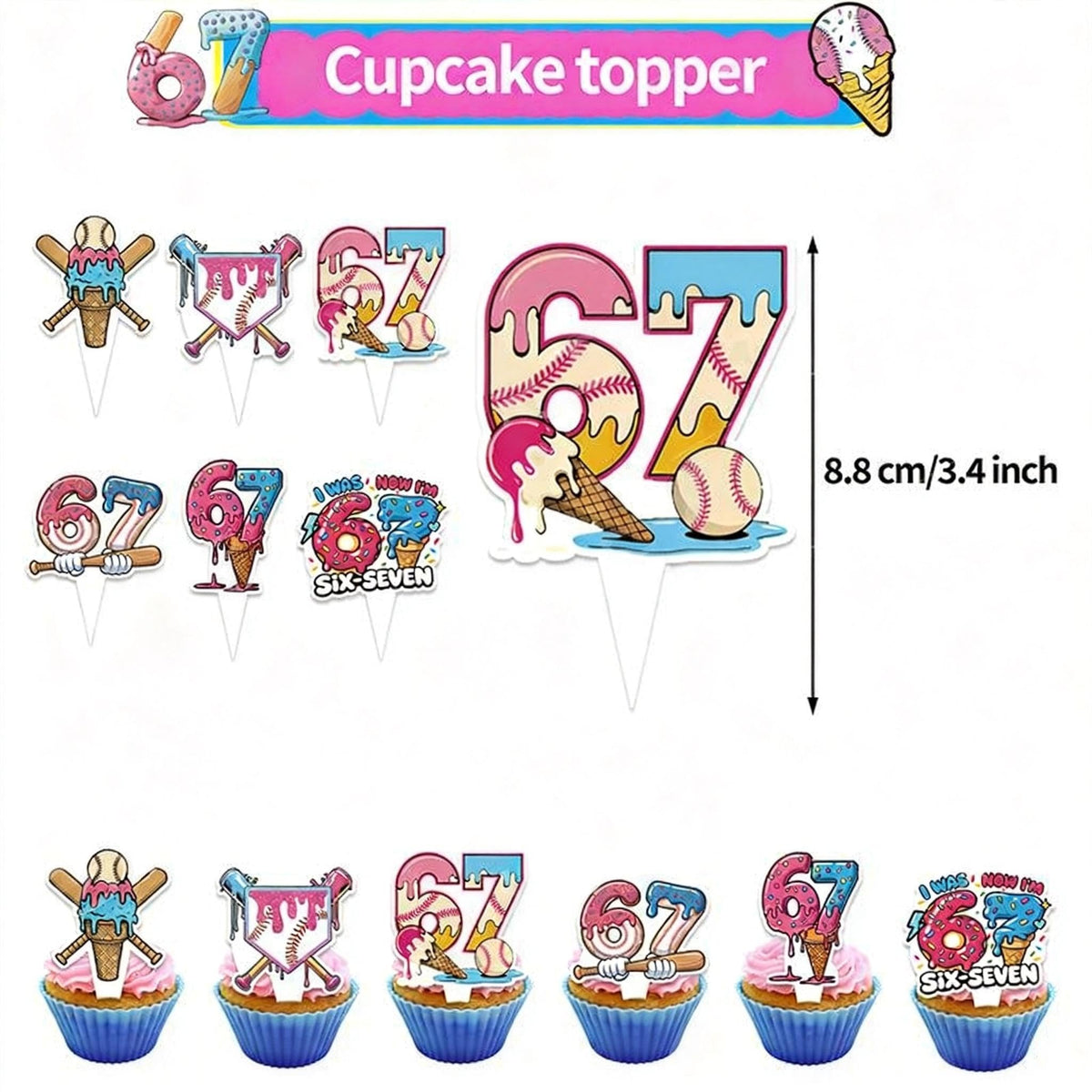 Toplepor 67 Ornament Birthday Decorations, 67 Meme Themed 6 7 Ornament Birthday Party Favors Set Includes Banner, Large Cake Topper, 24 x Cupcake Toppers, 18 x Ballons 6 7 Birthday Decorations