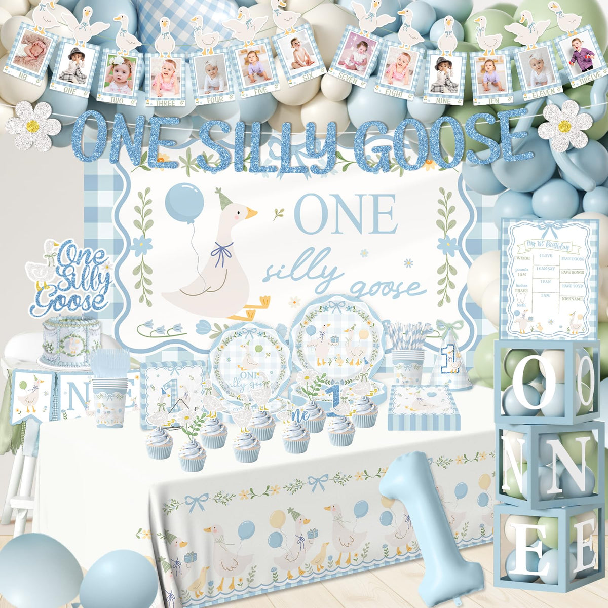 One Silly Goose Birthday Decor Boy, 270Pcs Blue Silly Goose First Birthday Decorations Kit include One Silly Goose Banner,Backdrop,Balloon Arch,Boxes,High Chair Banner,Bow Cupcake Toppers,Tableware