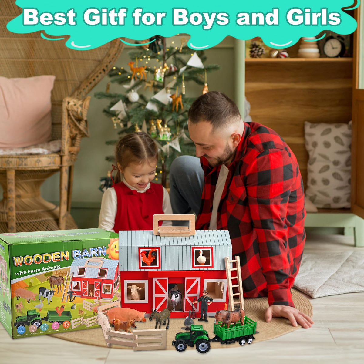 WoodTrove Wooden Barn Toys, Play Barn with 12 Animal Play Figures for 3+ Years Old, Toy Barn and Farm Animals,Wooden Barn Playset for Christmas Birthday Gift for Boys Girls
