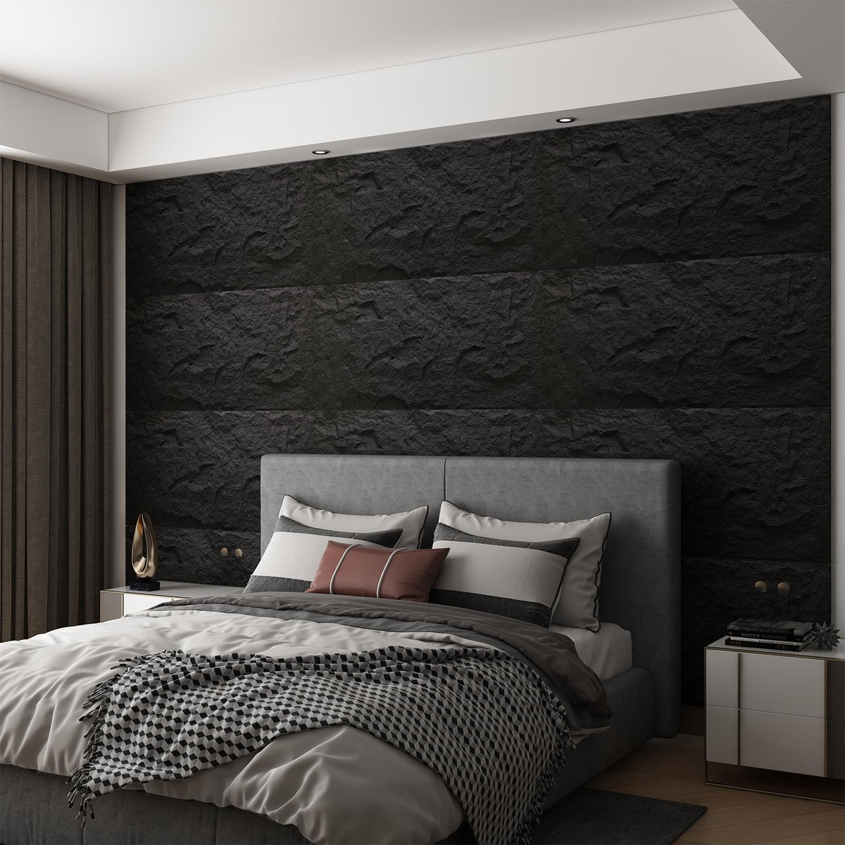 OUZUGIE 4 PCS Faux Stone Wall Panel 47.2’’ x 23.6’’ Interior Exterior Wall Decor 3D PU Panel with Lava Stone Design Black