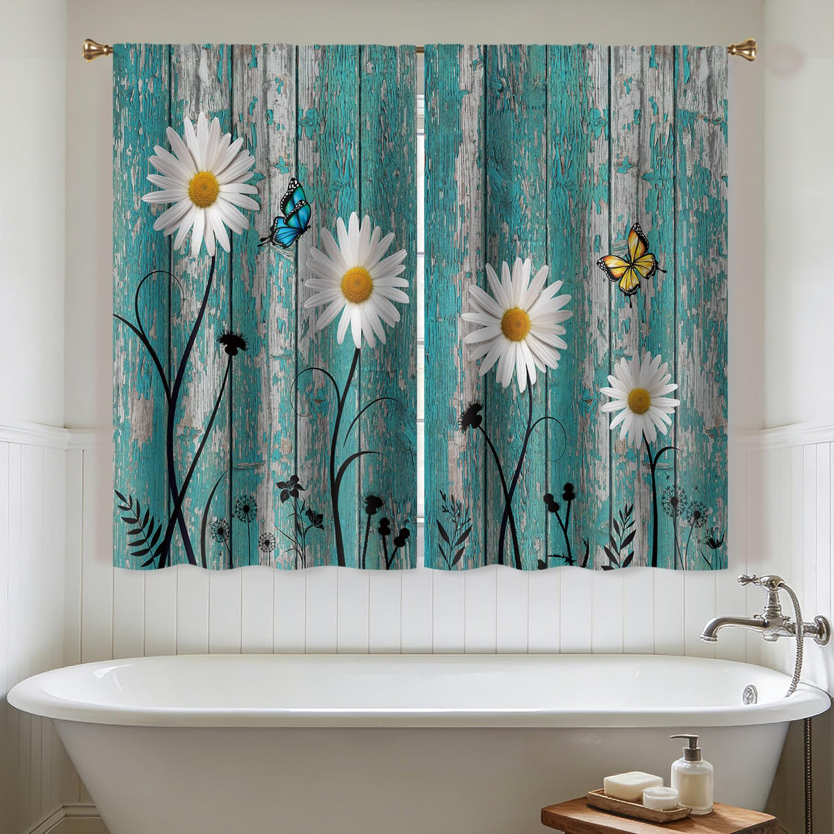 Cizuug Farmhouse Teal Daisy Kitchen Curtains Rustic Wooden Country Small Short Cafe Window Curtains Vintage Flower Floral Rod Pocket Bathroom Drapes Treatment Tier Curtains 2 Panels(27.5x39 Inch)