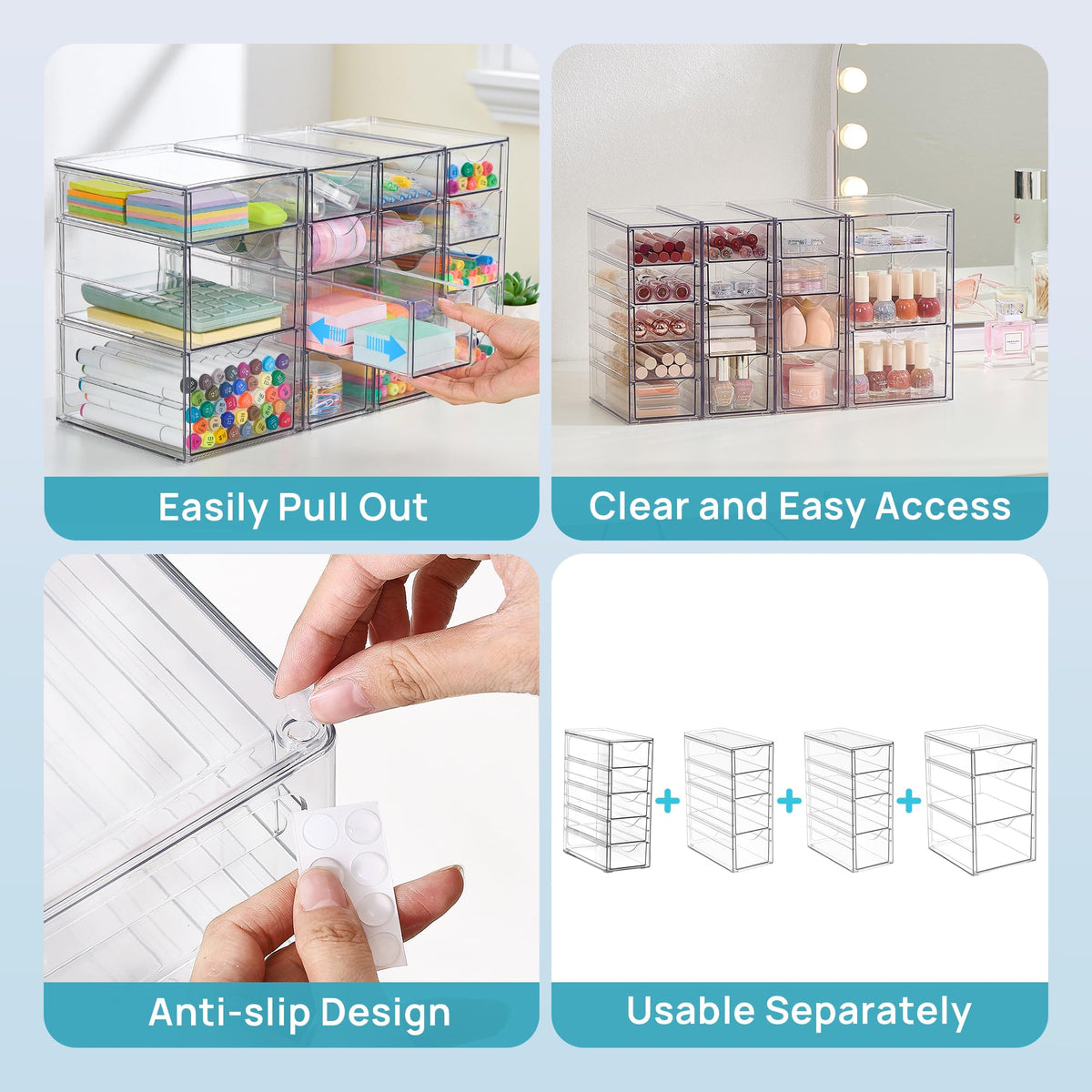 Vtopmart 4 Set Clear Desk Organizer, Pen Organizer with 16 Drawers, Acrylic Desktop Organization and Storage for Office Supplies, Pen, Makeup, Art Craft, Jewelry
