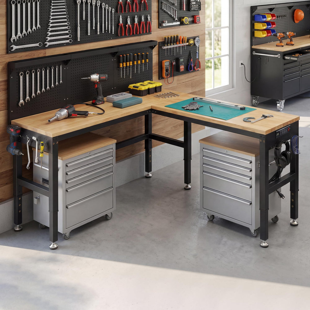 SPECRAFT 68"x48" L-Shaped Workbench with Power Strip, Adjustable Height Heavy Duty Work Table with Pegboard, 6000LBS Load Capacity, Industrial Wood Top Workstation for Garage, Workshop, Home Office