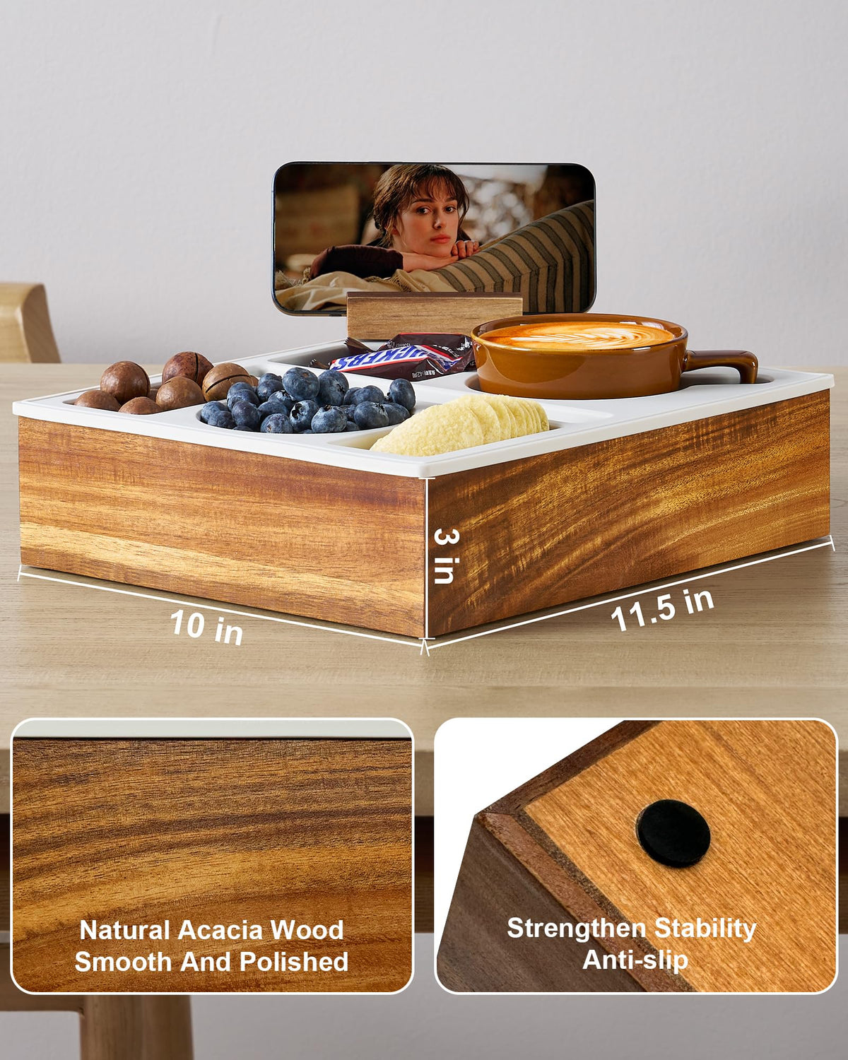Couch Cup Holder,Hitseon Upgrade Silicone Acacia Wooden Cup Caddy with Cup Holder for Car Back Seat,Couch Console Caddy for Snack Drink Remote Control Grey