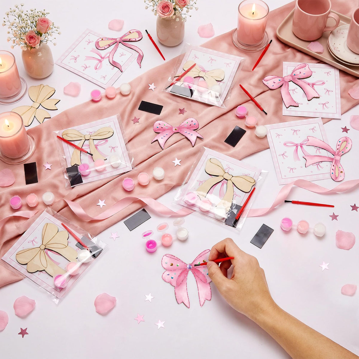 Bafeil 24 Sets Pink Bow Party Favors, DIY Wooden Bows Painting Crafts Kit with Magnets, Coquette Bow Birthday Decorations, Pink Bows Birthday Party Supplies Gifts Goodie Bags Stuffers Prizes