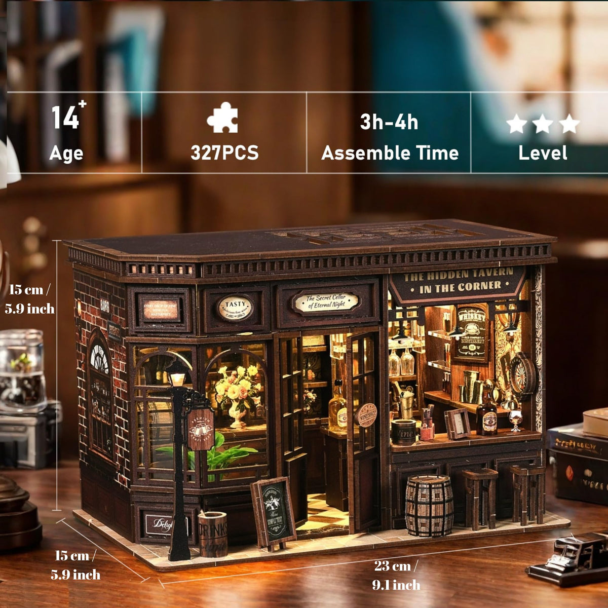 Soothee DIY Book Nook Kit with LED Lights | 3D Puzzles for Adults & Teens, Miniatures and Model Building Kits for Bookshelf Decor, Relaxing & Unique Gift for Craft Lovers | Corner Tavern