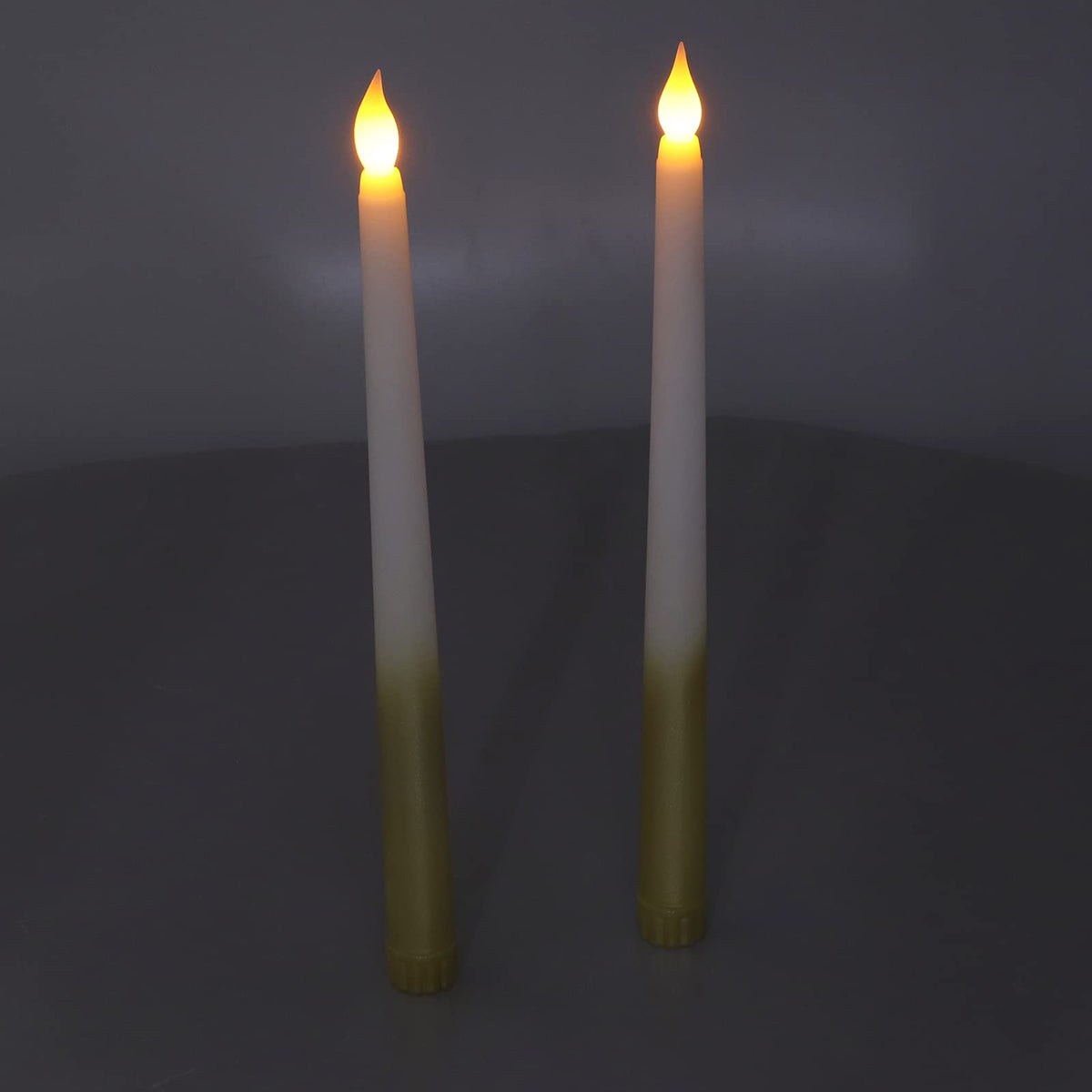 Flameless Taper Candles, 2 Pcs Battery Operated Realistic LED Taper Candles with Flickering Warm Yellow Flame Dripless Electric Decorative Led Candles for Home, Christmas, Wedding(half spray gold)