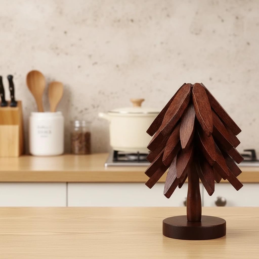 Walnut Tree Table Mat,Wooden Table Mat Tree,Foldable Trivets for Hot Dishes,Non-Slip Heat Insulated Folding Wood Table Plate Mat (Walnut)