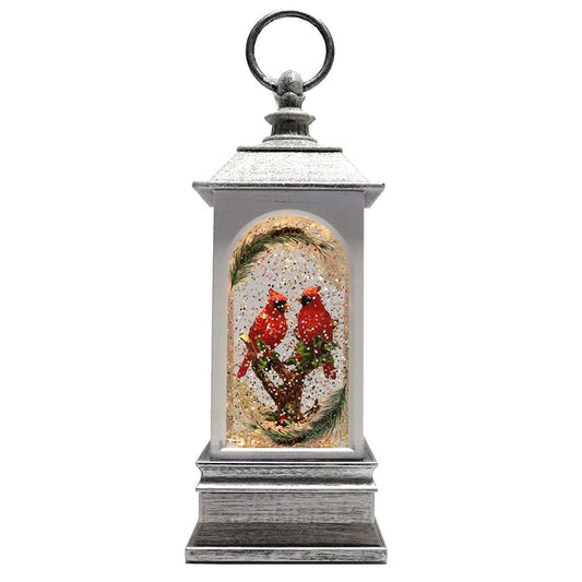 Roman 9.25" Lighted Swirl Cardinal Pair on Branch in White Lantern - Christmas Confetti Lite, USB or Battery Operated,