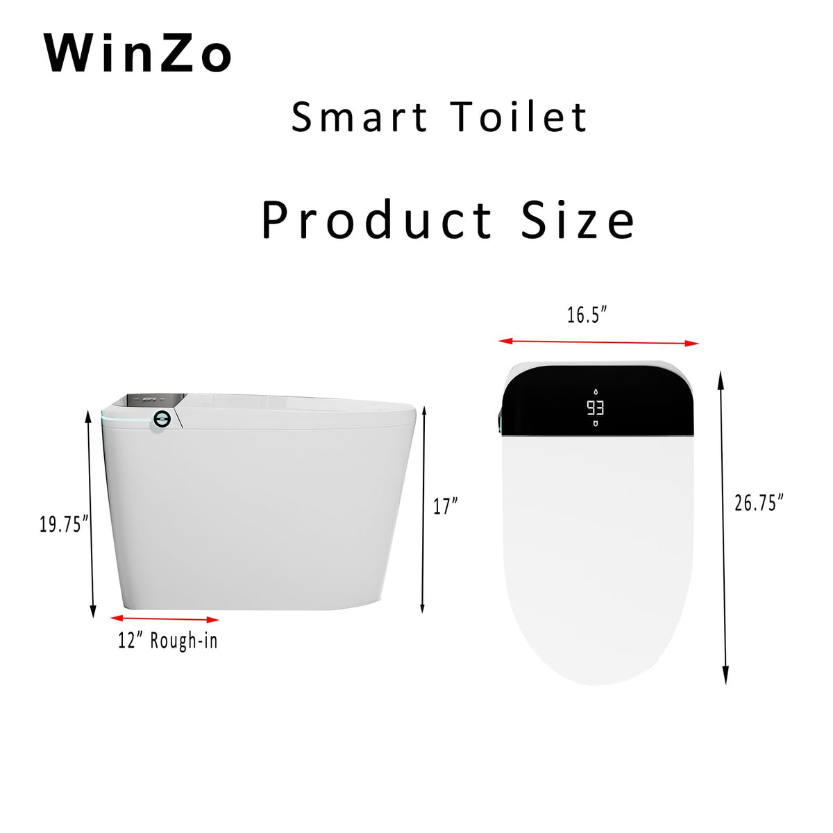 WinZo Smart Toilet, Tankless Toilets with Heated Seat, Auto Open & Close, Smart with Bidet Built In ADA Chair Comfort Height,Dryer and Warm Water Sprayer, Featuring Foot Sensor and Black LED Display