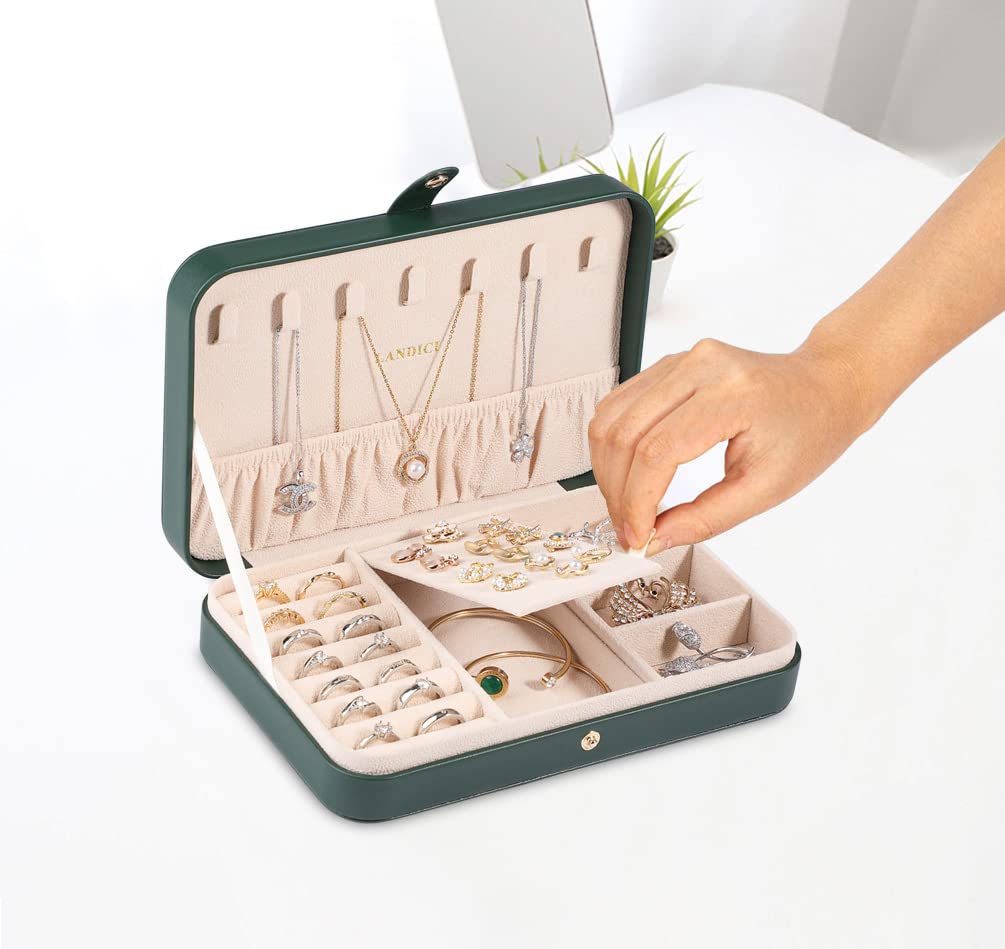 LANDICI Small Jewelry Box for Women Girls, PU Leather Travel Jewelry Organizer Case, Jewellery Storage Holder Display for Ring Earrings Necklace Bracelet Bangle Watch Men Kids Gift, Blackish Green