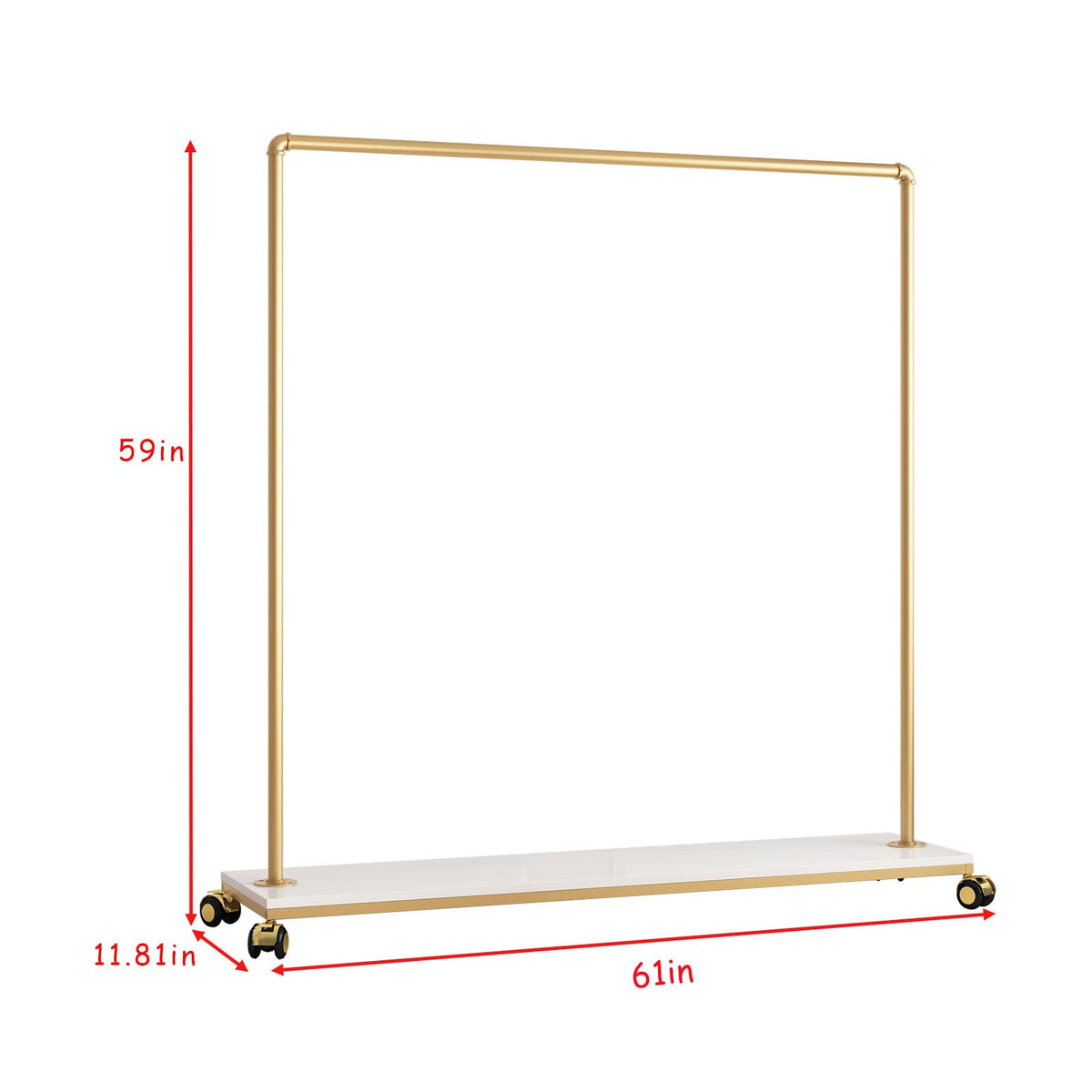 FONECHIN Gold Metal Clothing Rack with Wood Shelf, Heavy Duty Rolling Garment Rack with Wheels for Bedroom Retail Boutique Use (61L inches)