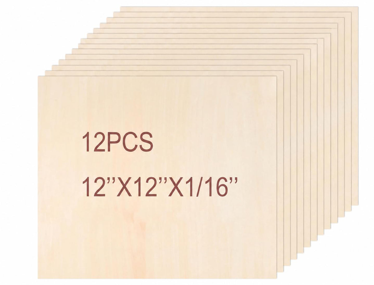 Plywood Sheets, 12 Pack, 12"x12"x1/16, Natural Wood, Craft Project Boards (1.6mm)