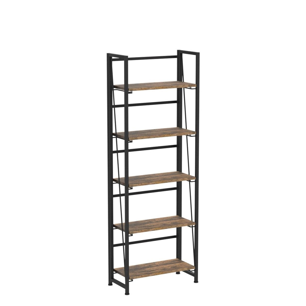 4NM No Assembly Folding Bookshelf, 5-Shelf 62.2" H Collapsible Foldable Bookcase Storage for Small Spaces, Rustic Brown and Black