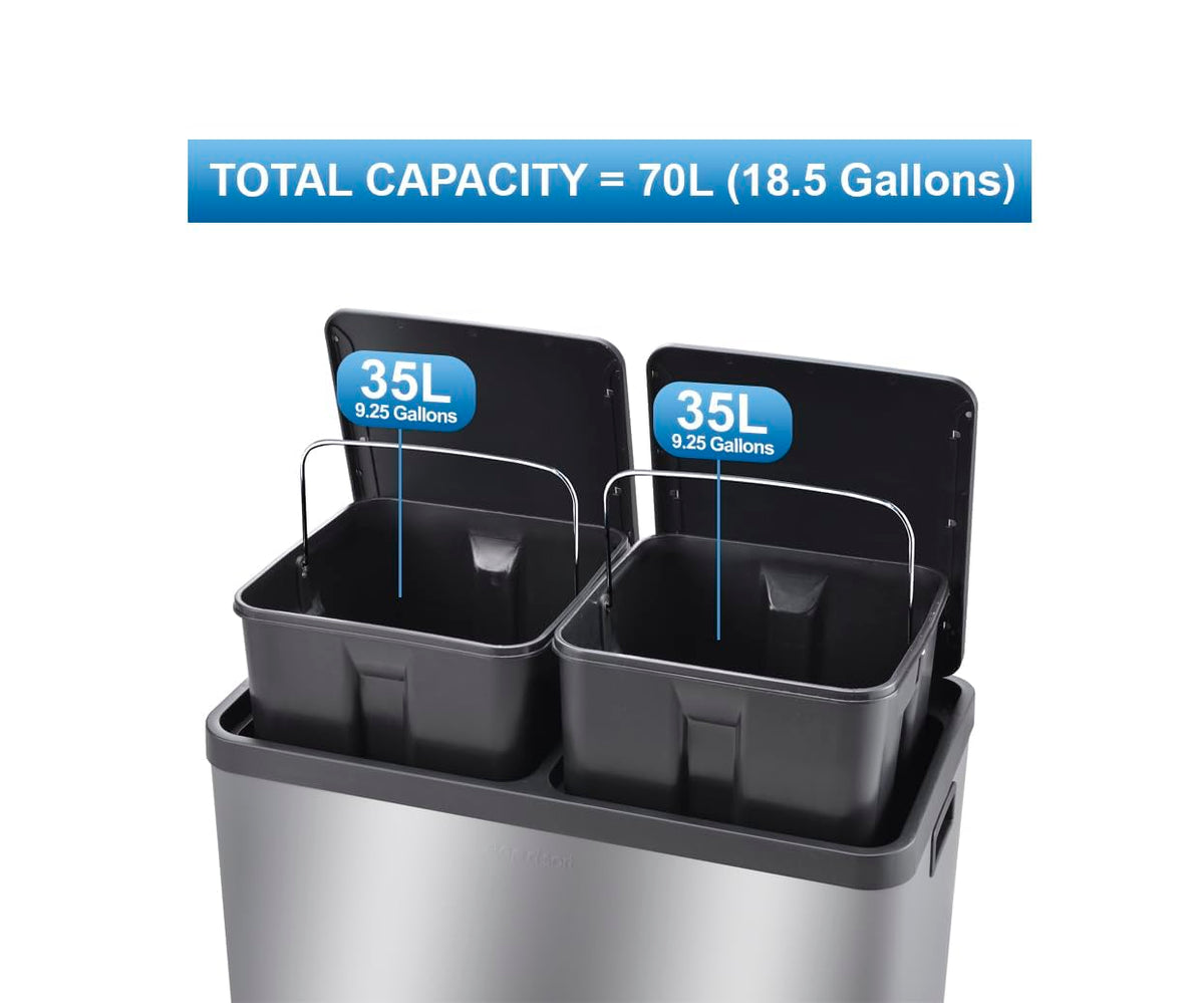 Step N' Sort The 18.5 Gallon Extra Large Capacity, Soft-Step, Dual Trash and Recycling Bin with Removable Inner Bins, Silver