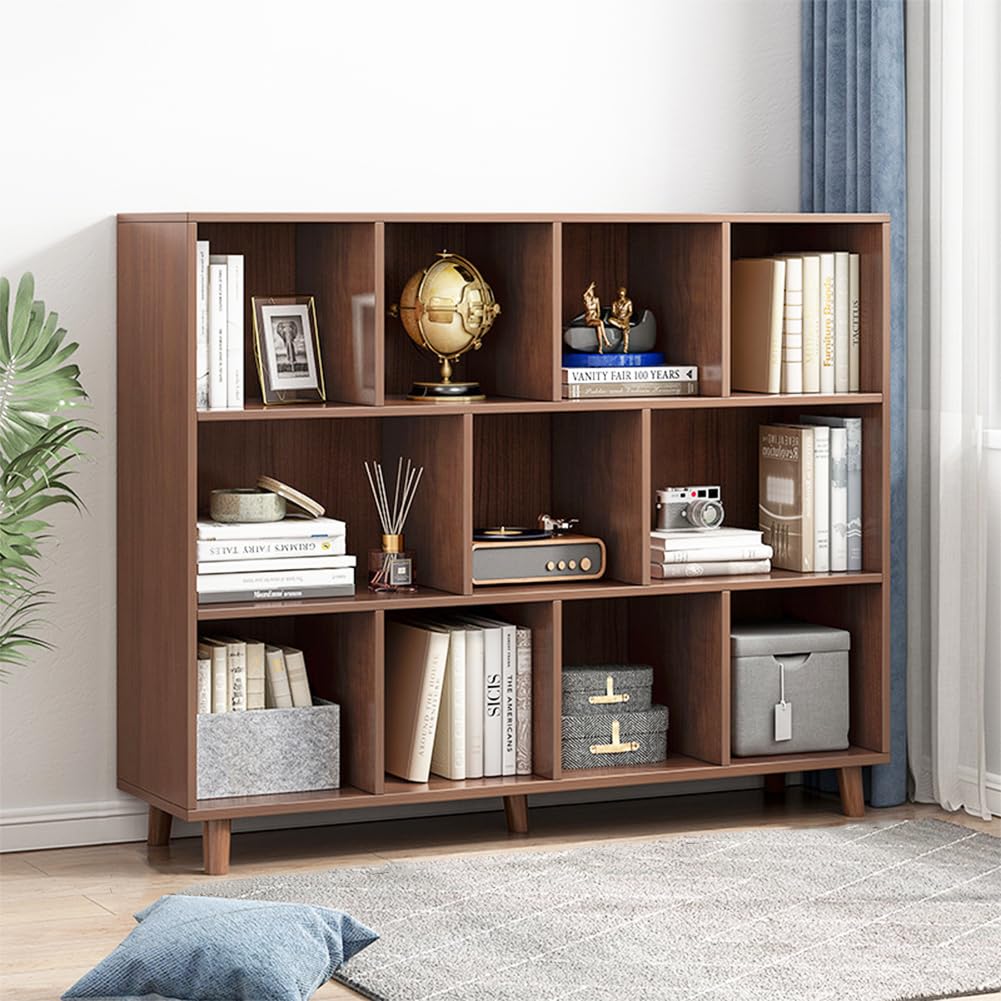 IOTXY Open Cube Low Bookcase - 3-Tier Freestanding Storage Display Cabinet Organizer with Legs for Home Office, 11-Cubes Open Shelf Short Bookshelf, Walnut