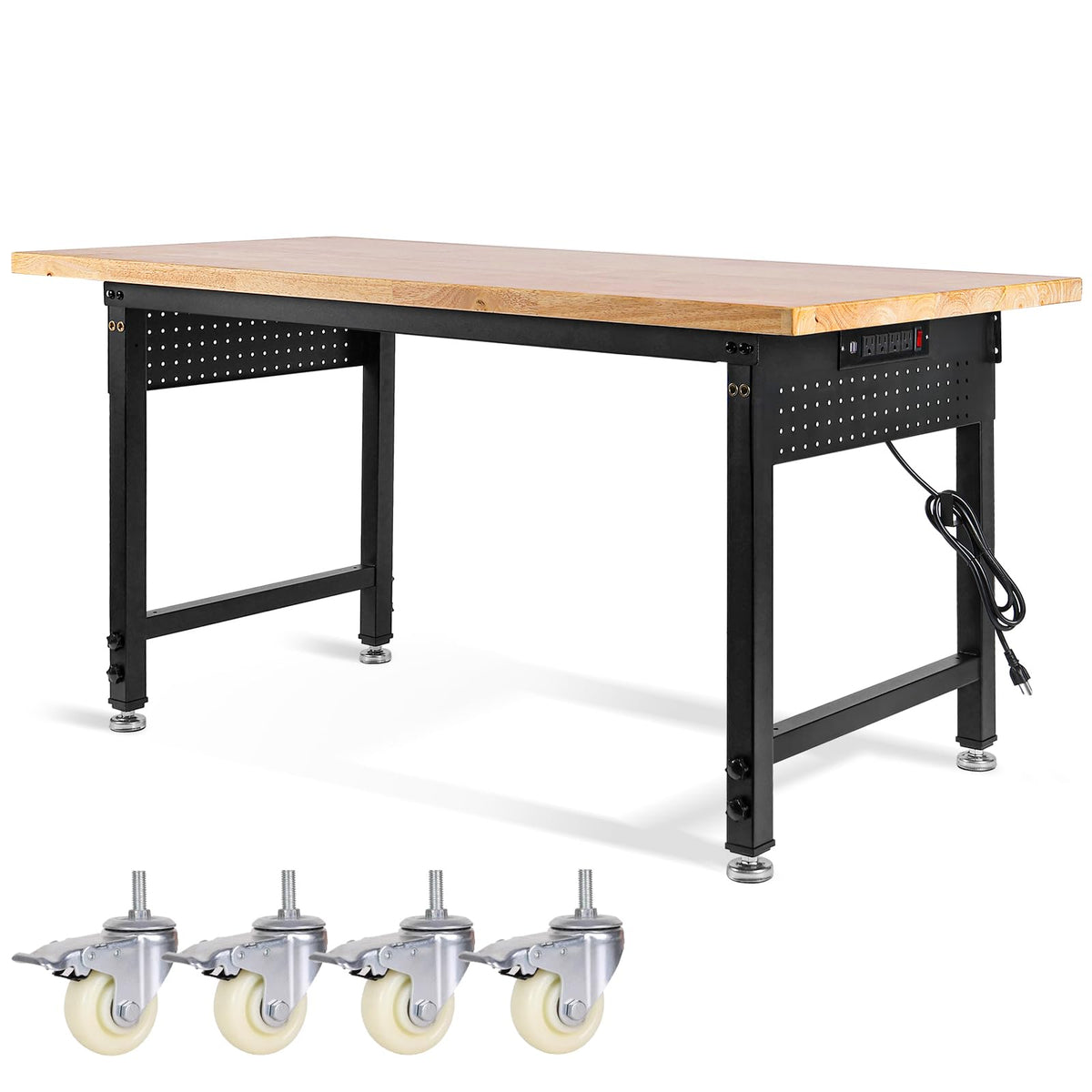 MUWOOD Height Adjustable Workbench with Wheels 60”×22” Heavy Duty Work Table 2000 LBS Capacity Rolling Work Table Rubber Wood Work Station with Power Outlet & Pegboard for Garage, Office, Workshop
