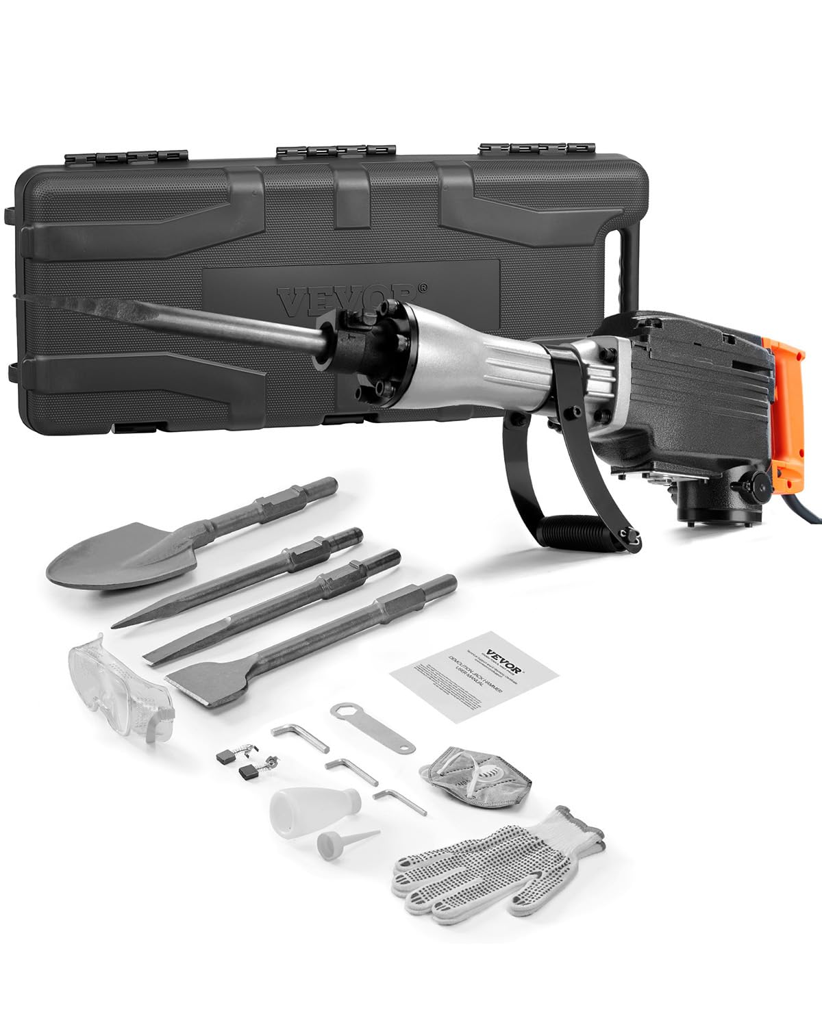 VEVOR Demolition Jack Hammer, 2200W Electric Jack Hammer Concrete Breaker, 1350 BPM Heavy Duty - 4pcs Chisels Bit with Case, Black